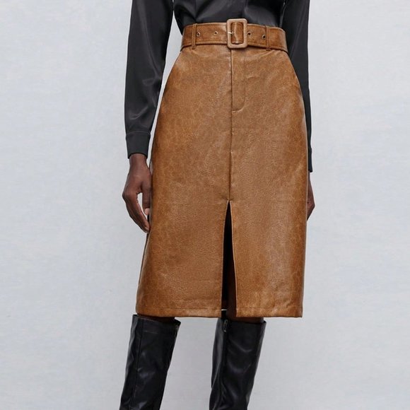 Brown Preppy Womens Split Hem Belted PU Leather Skirt - Picture 5 of 5